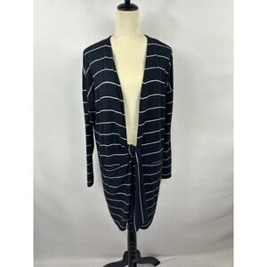 J Crew Open Front Cardigan Navy Blue White Stripe Small Pockets Tie Front